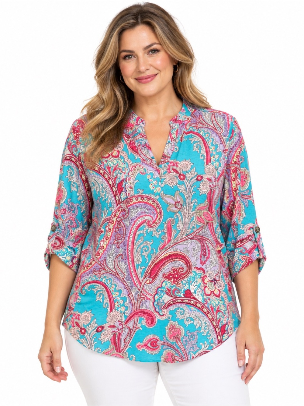 Dear Scarlett Lizzy Turquoise Pink Paisley Blouse Size Large NWT